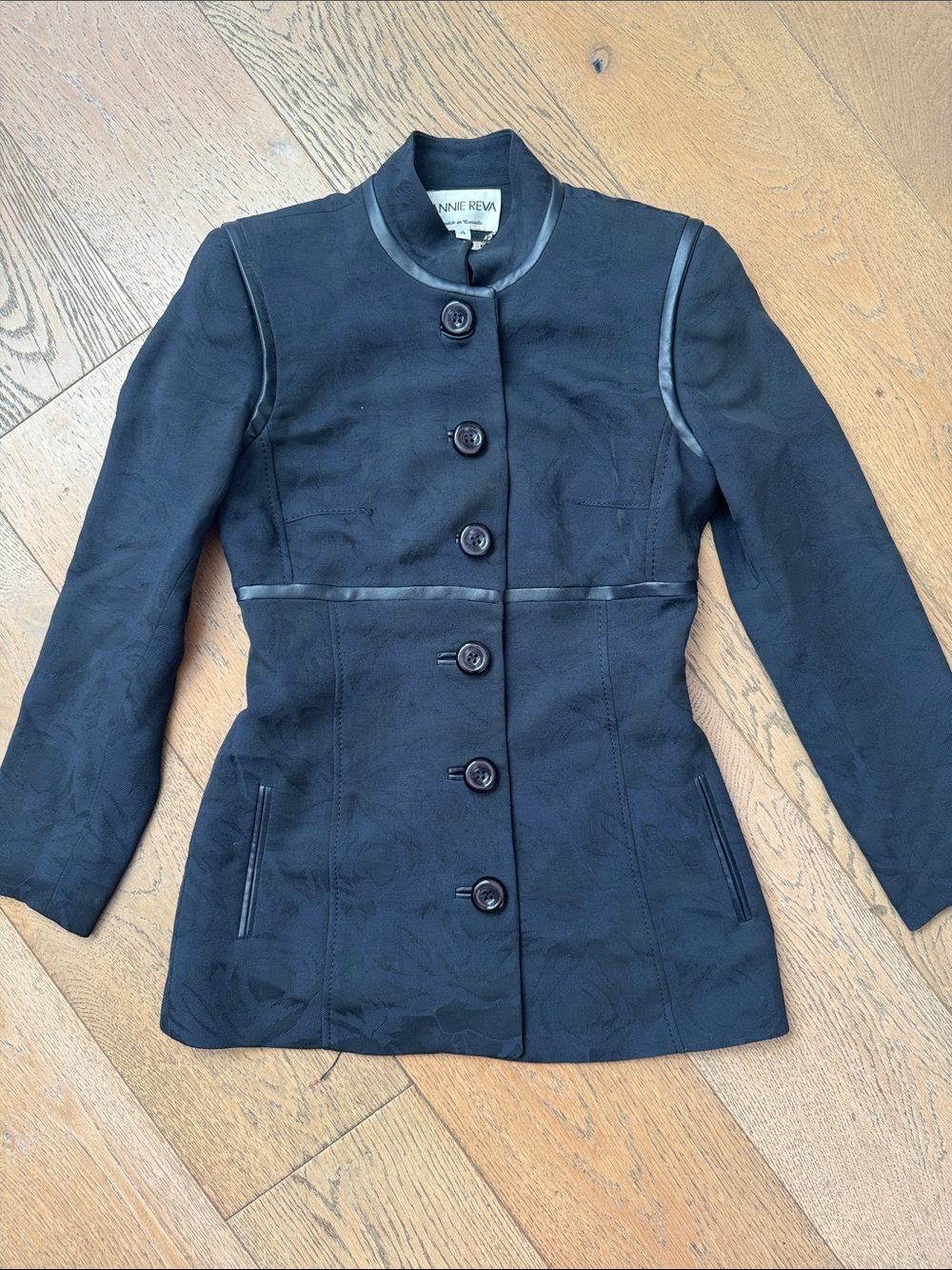 Annie Reva vintage black navy brocade crepe high neck dinner jacket leather trim